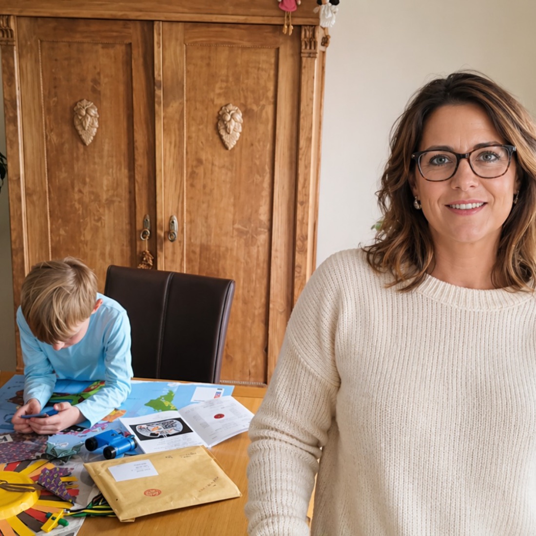 Lächelnde Mutter, im Hintergrund bastelt ihr Sohn am Esstisch mit Materialien aus dem Länderbrief